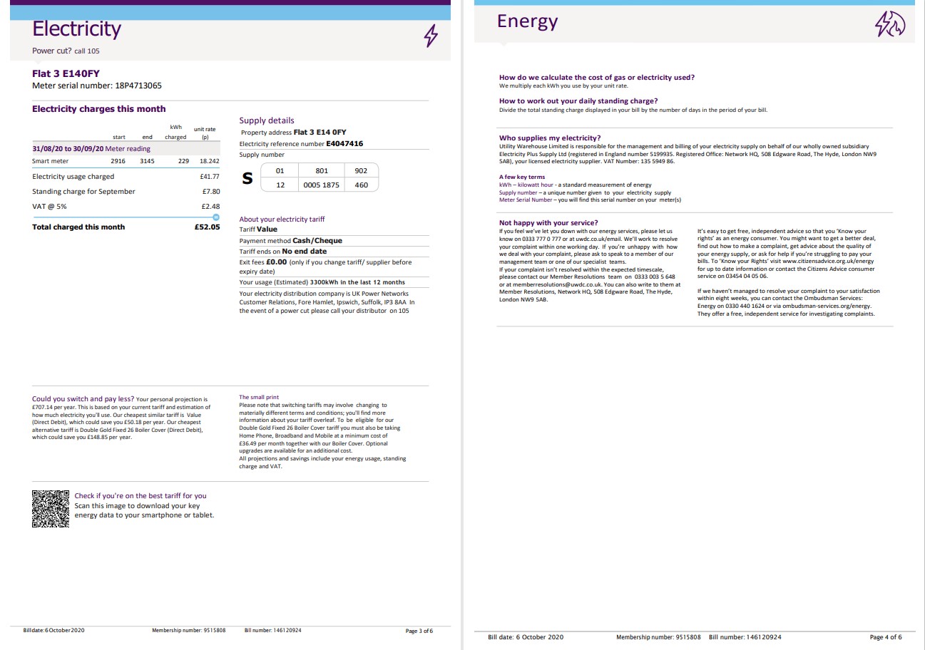 United Kingdom Utility Warehouse electricity utility bill template in Word and PDF format (6 pages) 3 4